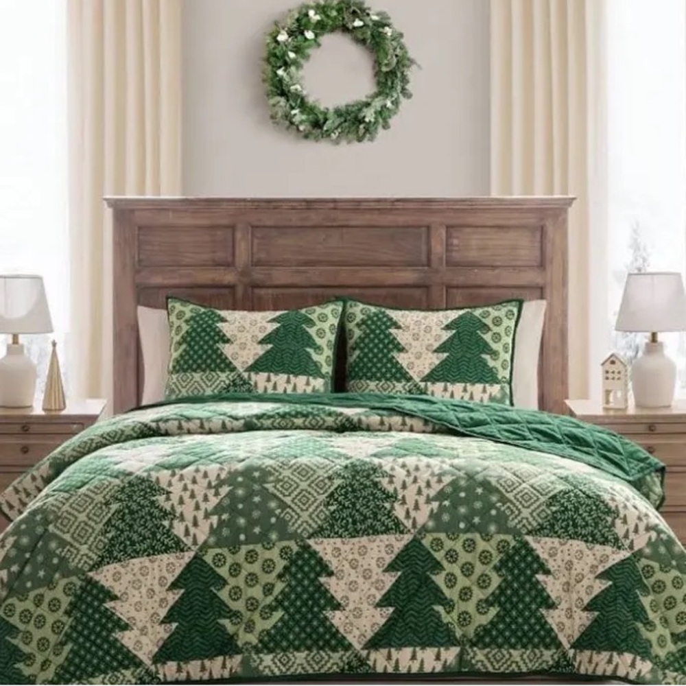 HALLMARK NWT patchwork trees 3pc quilt set -full/queen -green - Picture 2 of 5